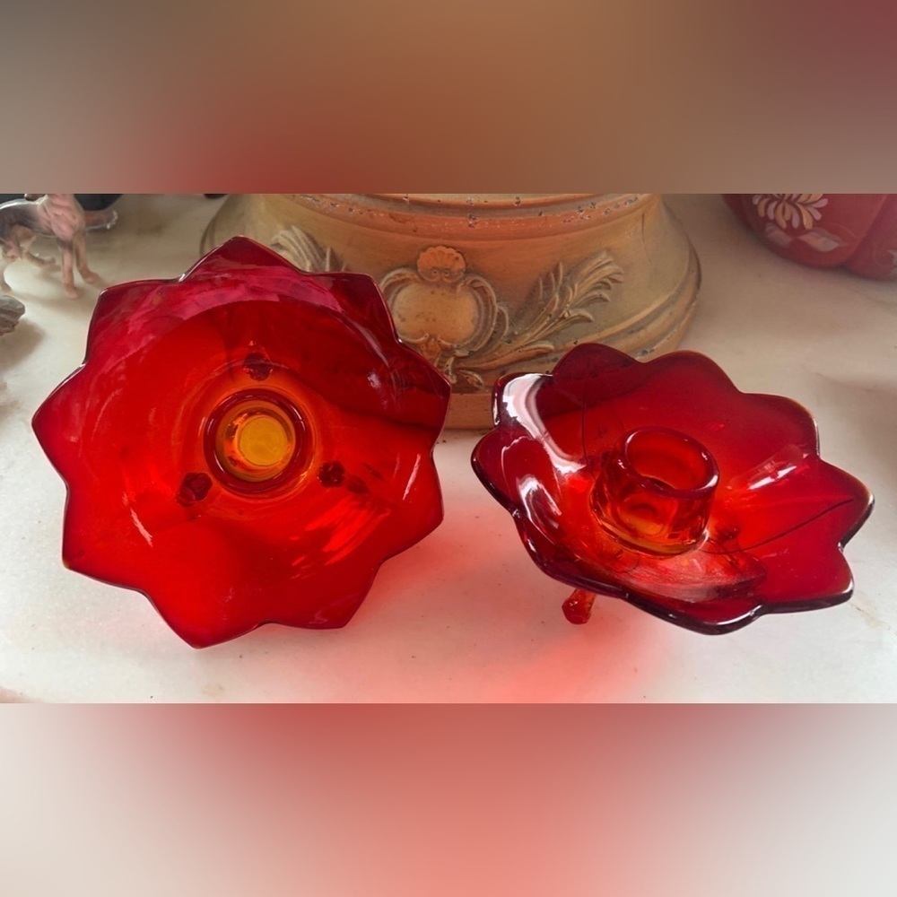 Vintage 1930s Fenton Amberina Lotus Flower Candlestick Holders – 9 Petals – Rare